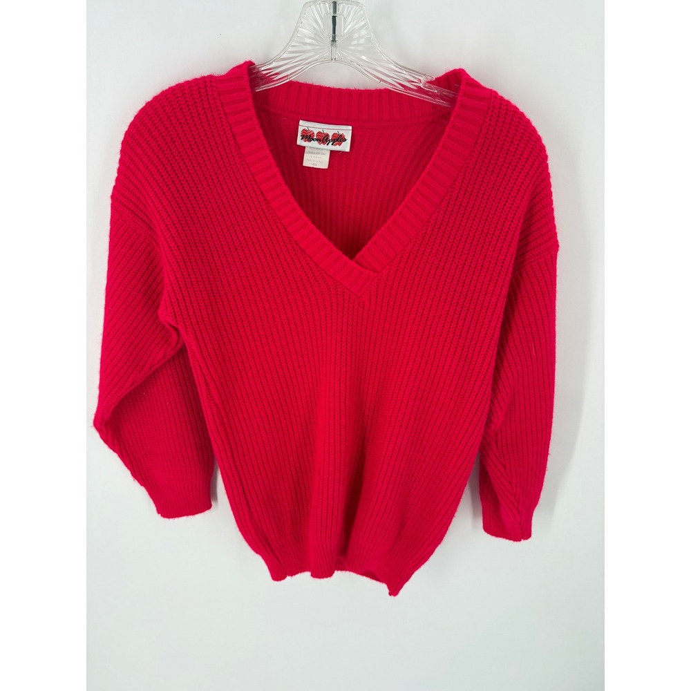 Moon Apples Red V Neck Knit Sweater 34 Sleeve Made in USA Size Large